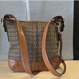 Coach Brown and Tan Signature Shoulder Bag With Metal Hangtag.